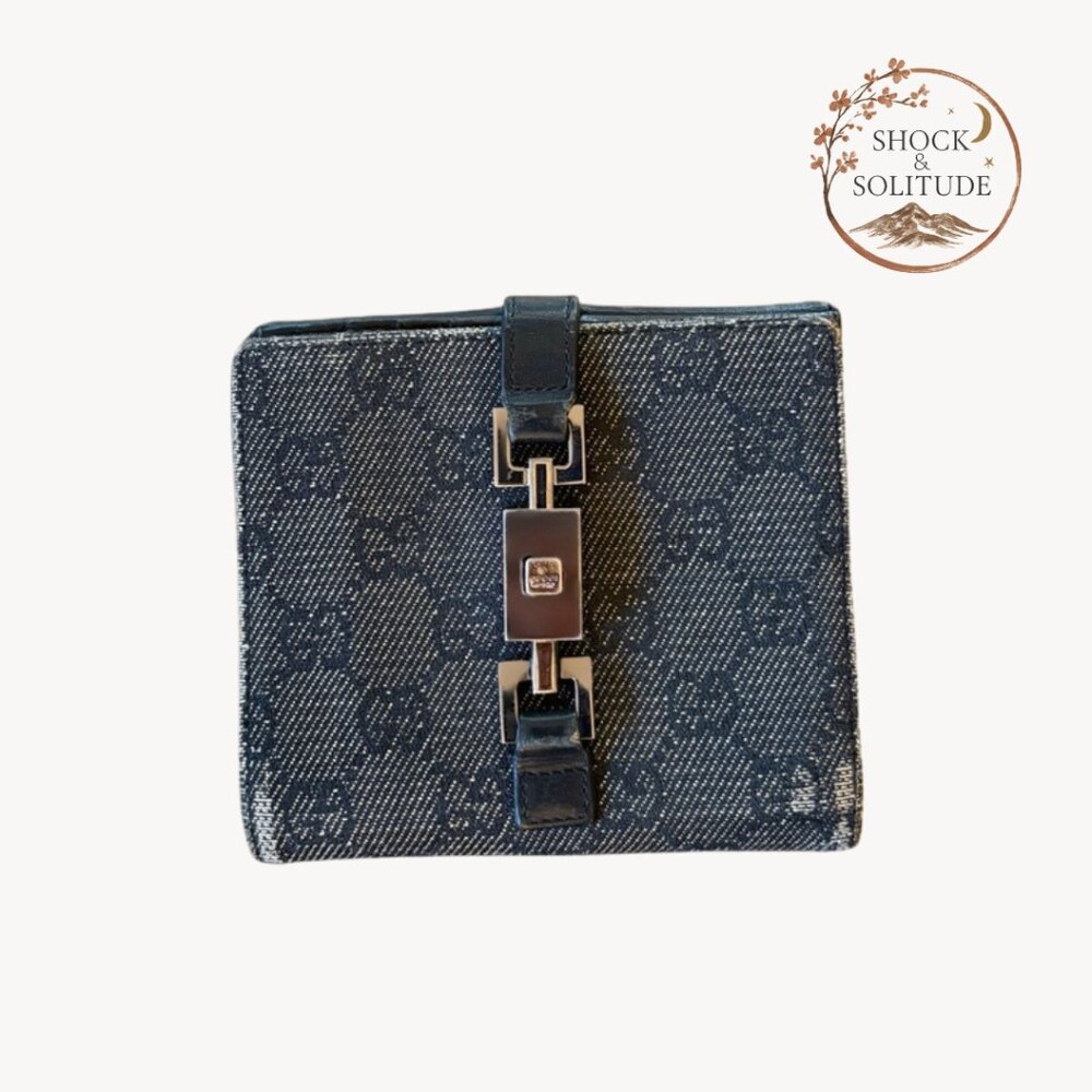 Gucci Jackie Demin Monogram Canvas Bifold Wallet with Vintage Piston Closure